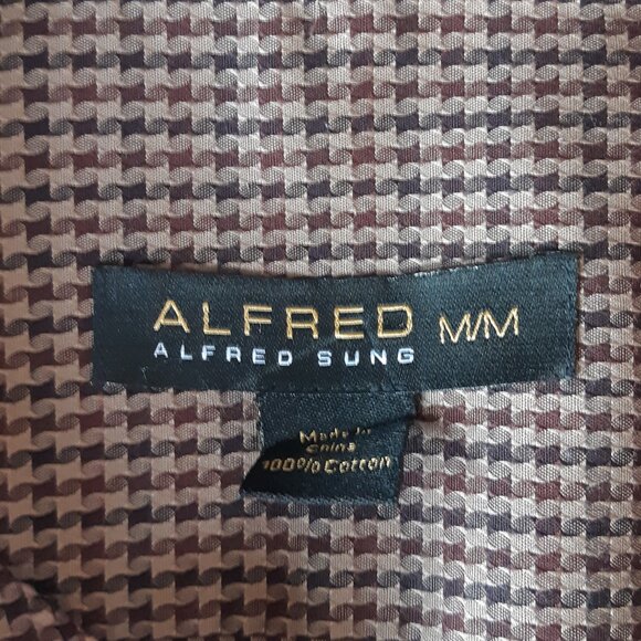 ALFRED SUNG SZ M Houndstooth Check 100% Cotton Men's Brown Button Up Shirt - Picture 6 of 12